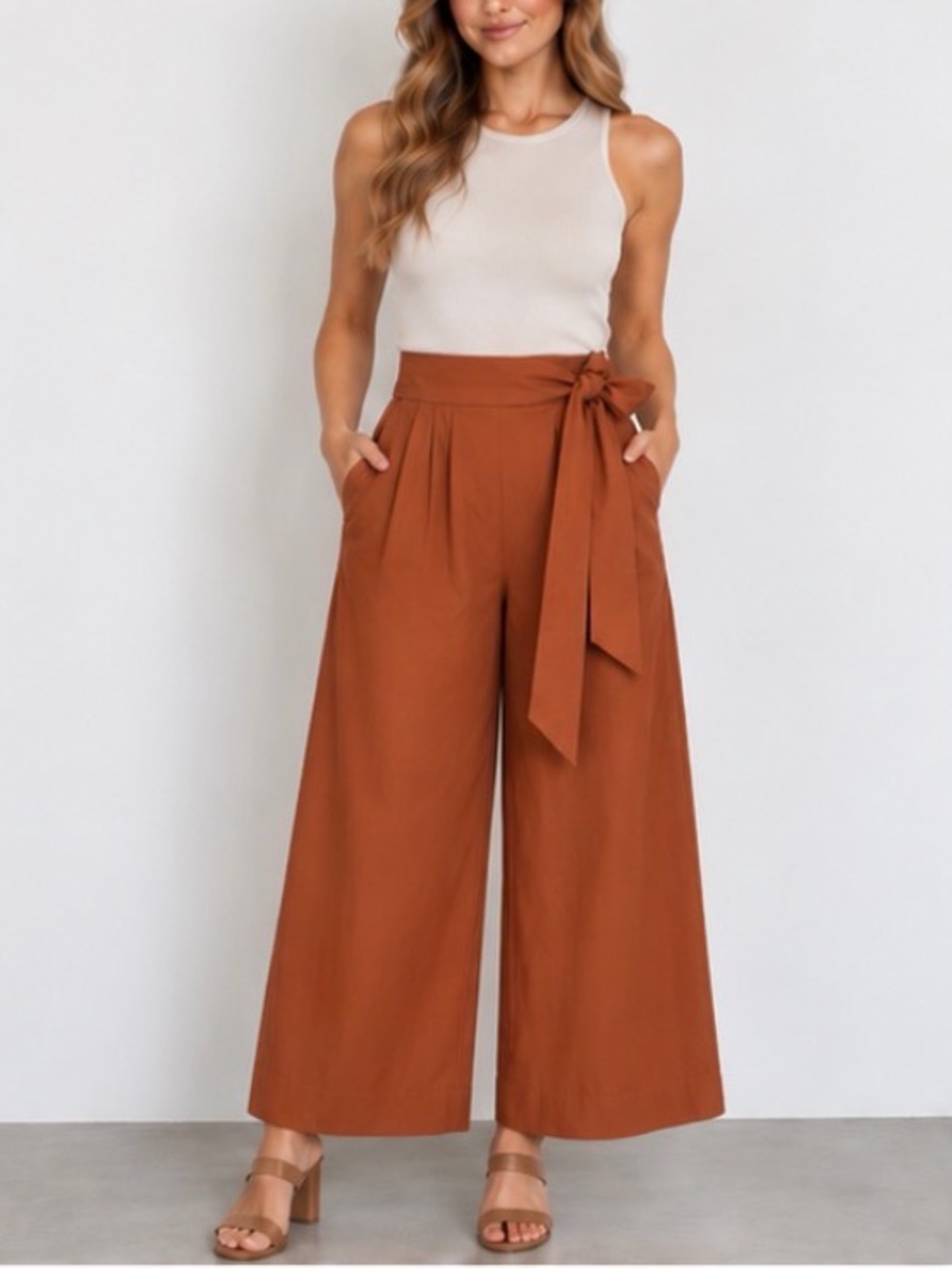 Tibi Rust Brown Cotton Belted Cropped Wide Leg Pants Size 12 NWT